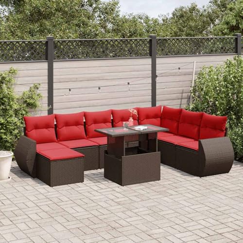 Gecheer 9-teiliges Gartensofa-Set mit Kissen, braun, Polyrattan, Gartenlounge Esstisch Lounge Möbel Set für Outdoor Garten Terrasse Balkon Möbel3268734 von Gecheer