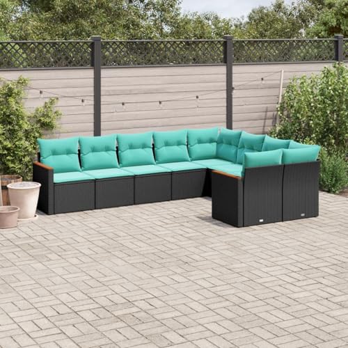 Gecheer 9-teiliges Gartensofa-Set mit Kissen, schwarzes Polyrattan, Gartenlounge Esstisch Lounge Möbel Set für Outdoor Garten Terrasse Balkon Möbel3226302 von Gecheer
