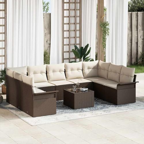 Gecheer 9-teiliges Gartensofa-Set mit Kissen in Grau aus Poly-Rattan, Gartenlounge Esstisch Lounge Möbel Set für Outdoor Garten Terrasse Balkon Möbel von Gecheer