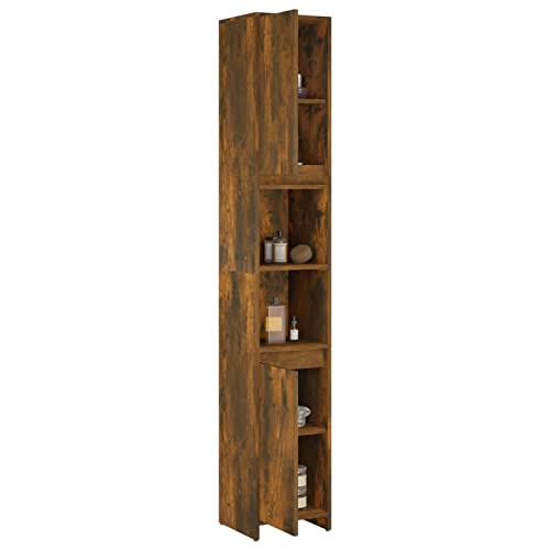 Gecheer Badezimmerschrank Hochschrank mit Fächer Waschküche Regal Badezimmer Schrank Badschrank Badmöbel Räuchereiche 30x30x183,5 cm von Gecheer