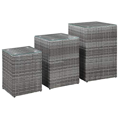 Gecheer Beistelltische 3 STK. mit Glasplatte Couchtisch Teetisch Esstisch Gartentisch Balkontisch Terrassentisch Gartenmöbel Tisch Outdoor Außentisch Rattantisch Grau Poly Rattan von Gecheer