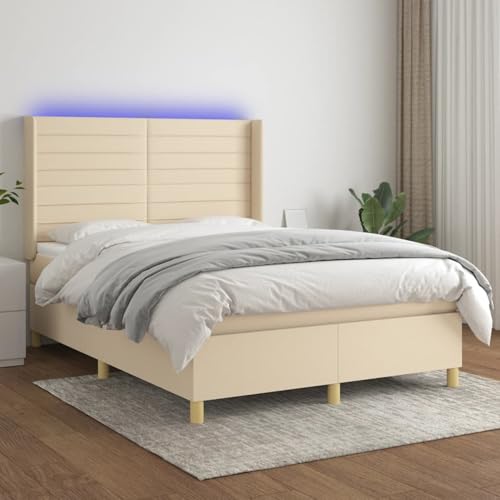 Gecheer Boxspringbett mit Matratze & LED Creme 140x190 cm Stoff Bed von Gecheer
