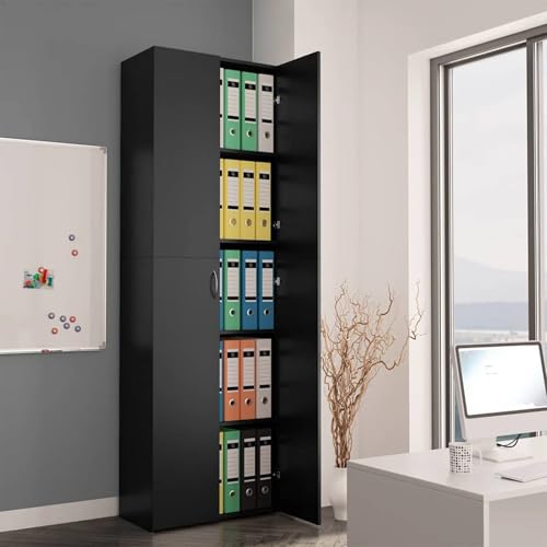 Gecheer Büroschrank Schwarz 60x32x190 cm Holzwerkstoff minimalistisches Design 5 Regale 2 Türen robuste Aufbewahrung für Büro Home Office von Gecheer
