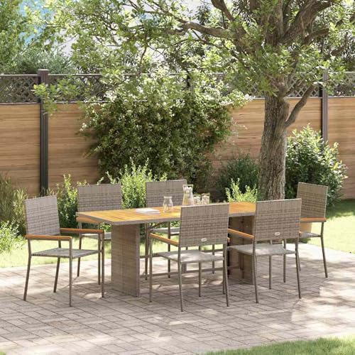 Gecheer Garten Essgruppe 7 pcs Grau 190 x 80 x 75 cm Poly-Rattan Essgruppe Sitzgruppe Outdoor Gartenmöbel Set für Terrasse Balkon Restaurant von Gecheer