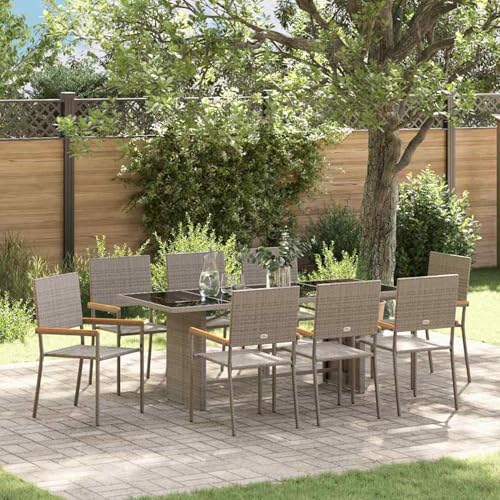 Gecheer Garten Essgruppe 9 pcs Grau 190 x 80 x 75 cm Poly-Rattan Gartenmöbel Tisch und Stühle Set für Garten Terrasse Café Outdoor Essbereich von Gecheer