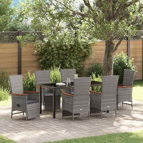 Gecheer Garten Essgruppe mit Kissen 7 pcs Grau Poly Rattan Gartenmöbel Tisch und Stühle Set für Garten Terrasse Café Outdoor Essbereich von Gecheer