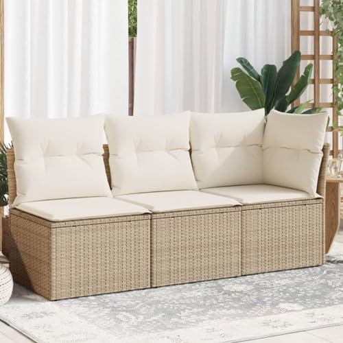 Gecheer Garten Sofa Ecksofa Mittelsofa Gartensofa Rattansofa Gartenlounge Wohnzimmersofa Loungesofa Sitzgruppe Gartenmöbel Sofa mit Kissen 3-Sitzer Beige Poly Rattan-3491 von Gecheer