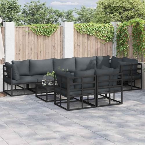 Gecheer Garten-Sofa-Set mit Kissen 9 pcs Schwarz Aluminium, Garten Sitzgruppe Esstisch Essgruppe Gartenmöbel Set für Balkon Terrasse Café-Bereich3378889 von Gecheer