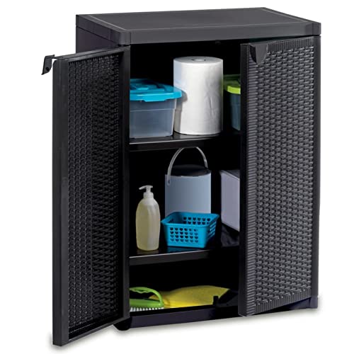 Gecheer Gartenschrank mit 3 Regalböden Kunststoffschrank Haushaltsschrank Spindschrank Terrassenschrank Balkonschrank Rattan-Optik Schwarz 65x45x88 cm von Gecheer