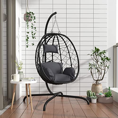 Gecheer Hängesessel Ei, Schaukelsessel mit Kissen, Korbsessel, Hängekorb Hängeschaukel, Anthrazit Poly Rattan & Stahl von Gecheer