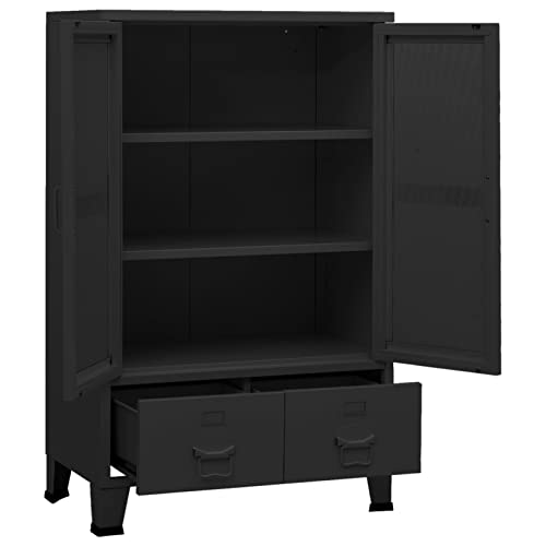 Gecheer Lagerschrank Metall, Sideboard Kommode Beistellschrank Vitrinenschrank Büroschrank Metallschrank 2 Einlegeböden & 2 Schubladen Industrie-Stil Schwarz 70x40x115 cm von Gecheer