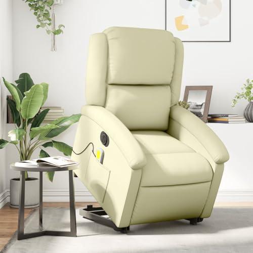 Gecheer Massagesessel mit Aufstehhilfe Elektrisch Relaxsessel Fernsehsessel Liegesessel Ruhesessel TV Sessel Massagefunktion Polstersessel Relaxliege Loungesessel Wohnzimmersessel Creme Echtleder von Gecheer