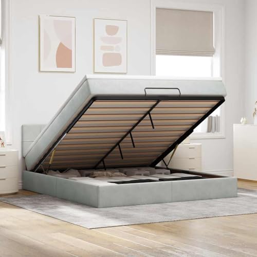 Gecheer Ottoman-Bett mit Matratze & LEDs Hellgrau 160x200 cm Samt, Polsterbett Bett mit Bettkasten Samt Continentalbett für Erwachsene Jugendliche3312632 von Gecheer
