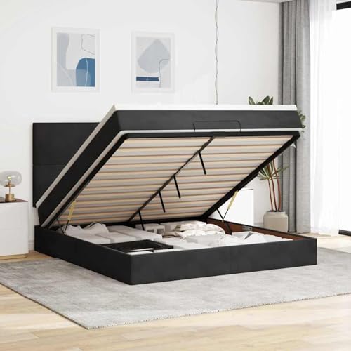 Gecheer Ottoman-Bett mit Matratzen & LEDs Schwarz 160x200 cm Samt, Polsterbett Bett mit Bettkasten Samt Continentalbett für Erwachsene Jugendliche3314260 von Gecheer