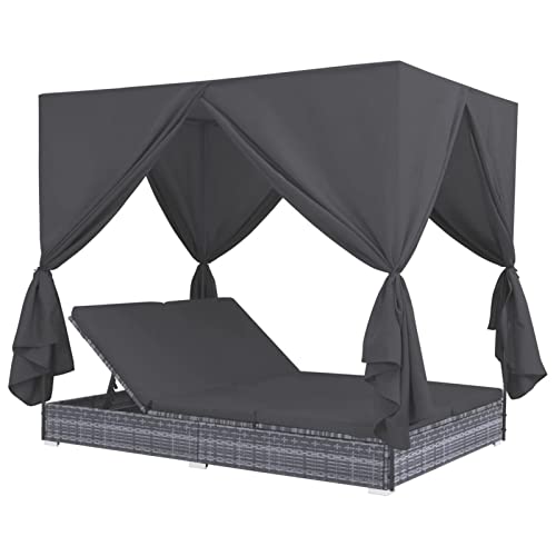 Gecheer Outdoor-Lounge-Bett mit Vorhängen Poly Rattan Sonneninsel mit Sonnendach Garten Sofa Gartenliege Lounge Liege Set Doppelliege Sonnenbett Doppelbett Gartenmöbel Terrassen Strandkorb Grau von Gecheer