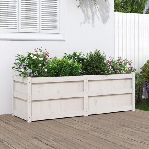 Gecheer Pflanzkübel Pflanzkasten Hochbeet Pflanzenkübel Blumentrog Blumentopf Blumenkasten Blumenkübel Pflanztopf Pflanzwanne Gartenbeet Gemüsebeet Pflanzbeet Weiß 150x50x50 cm Massivholz Kiefer von Gecheer