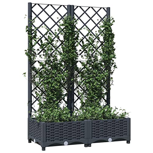 Gecheer Pflanzkübel mit Spalier Gartenspalier Frost- und UV-beständig Rankgitter Rankhilfe Pflanzkasten Blumenkübel Hochbeet Blumenkasten Dunkelgrau 80x40x121,5 cm Polypropylen von Gecheer