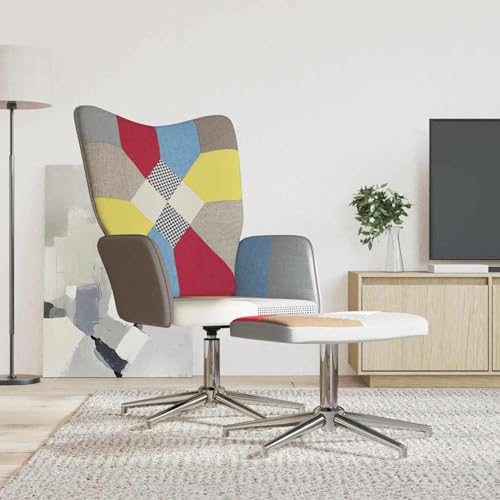 Gecheer Relaxsessel mit Hocker Patchwork Stoff Sessel Wohnzimmer Fernsehsessel Liegesessel für Entspannung Homeoffice Leseecke von Gecheer