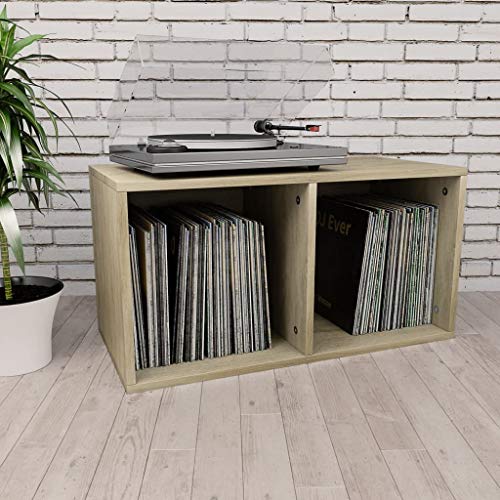 Gecheer Schallplatten Aufbewahrungsbox mit 2 Fächern Box Aufbewahrung Kasten LP Schallplatten Regal Transportbox Holzwerkstoff Sonoma Eiche 71x34x36 cm von Gecheer