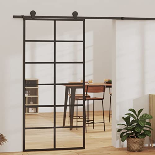 Gecheer Schiebetür Glasschiebetür Glastür Tür Schiebetürsystem Schiebetürbeschlag ESG-Glas und Aluminium 90x205 cm Schwarz von Gecheer