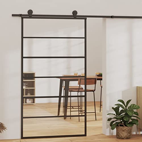 Gecheer Schiebetür Glastür Rostfrei Glasschiebetür Glastür Tür Schiebetürsystem Schiebetürbeschlag ESG-Glas und Aluminium 102x205 cm Schwarz von Gecheer