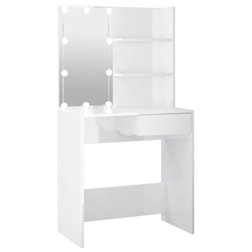 Gecheer Schminktisch mit LED Hochglanz-Weiß 74,5x40x141 cm, Frisiertisch Kommode Frisierkommode Kosmetiktisch Spiegel Beleuchtung Schlafzimmer von Gecheer