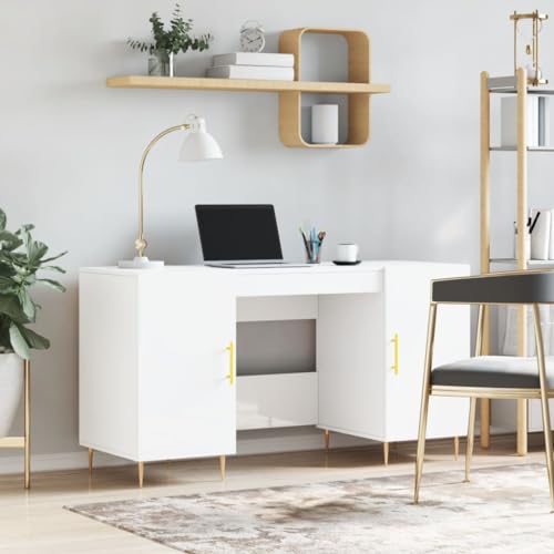 Gecheer Schreibtisch Computertisch Bürotisch, für Arbeitszimmer, Schlafzimmer, Hochglanz-Weiß 140x50x75 cm HolzwerkstoffType 1 von Gecheer