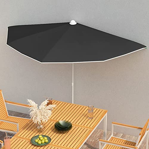Gecheer Sonnenschirm Halbrund, Halb-Sonnenschirm mit Mast, Balkonschirm Marktschirm mit 5 Stahlrippen Sonnenschutz 180x90 cm Schwarz von Gecheer