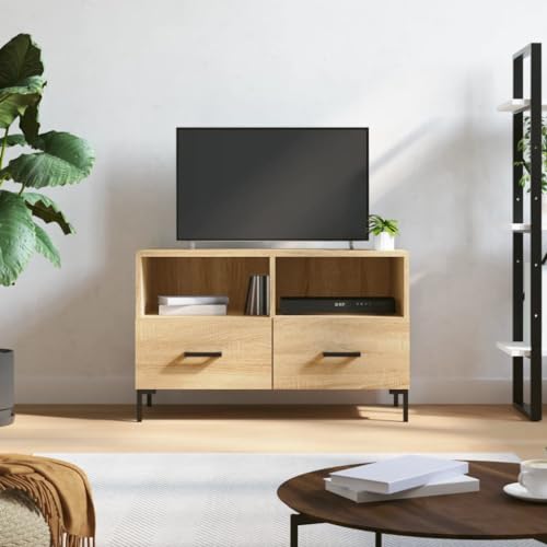 Gecheer TV-Schrank Fernsehtisch mit 2 Fächer und 2 Schubladen TV-Möbel TV Lowboard TV Board Fernsehschrank Sideboard TV-Regal TV-Tisch TV-Ständer Schrank Sonoma-Eiche 80x36x50 cm Holzwerkstoff von Gecheer