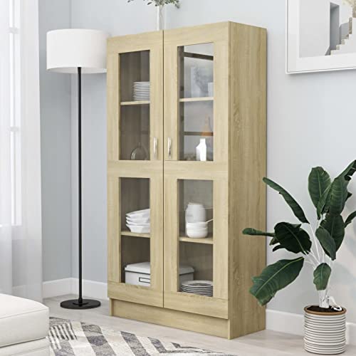 Gecheer Vitrinenschrank Bücherschrank Aktenschrank Büroschrank Vitrine Schrank Bücherregal Standvitrine Holzwerkstoff Sonoma-Eiche 82,5x30,5x150 cm von Gecheer