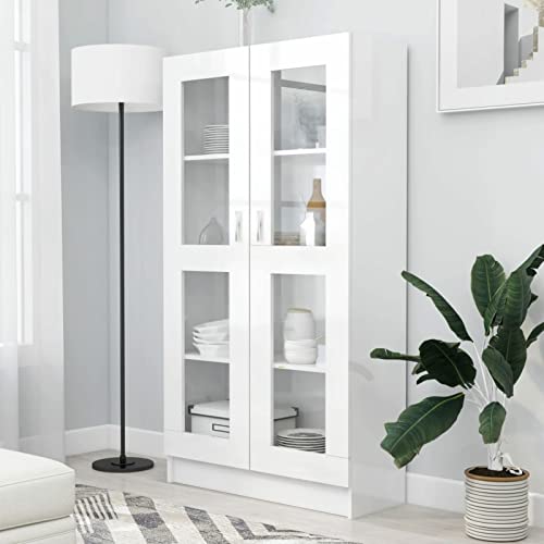 Gecheer Vitrinenschrank Bücherschrank mit 4 Fächern und 2 Türen Hochschrank Aktenschrank Vitrine Schrank für Wohnzimmer Küche Esszimmer Büro, Hochglanz-Weiß 82,5x30,5x150 cm Holzwerkstoff von Gecheer