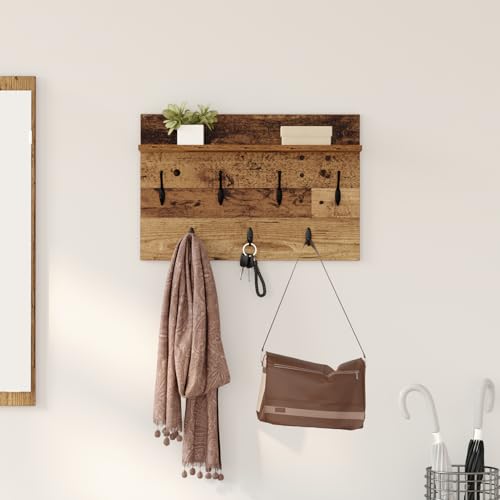 Gecheer Wandmontierter Kleiderständer mit Regal Altholz 60 x 40 x 12 cm, Garderobenhaken Wandgarderobe für Flur Wohnzimmer Wohnungseingang von Gecheer