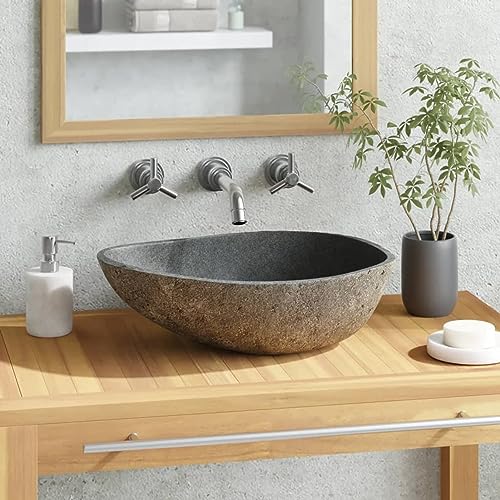 Gecheer Waschbecken Aufsatzwaschbecken Steinwaschbecken Naturstein Waschschale Waschtisch Handwaschbecken Waschplatz Aufsatzbecken Becken Badezimmer Flussstein Oval 38-45 cm von Gecheer