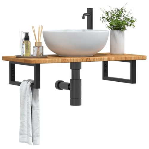 Gecheer Waschtischplatte mit Halterung, Holzplatte Waschtischkonsole Wandmontage, Waschbeckenplatte Wandkonsole Wandregal, Stahl und Massivholz Eiche, 80 x 40 x 2,5 cm (L x B x T) von Gecheer