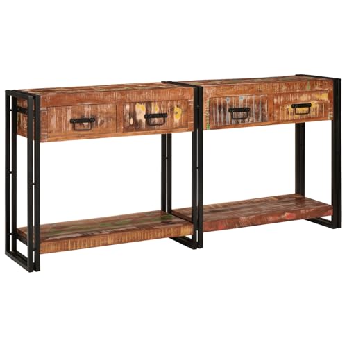 Konsolentische Set von 2 mit Schubladen, Buntes Massivholz Reclaimed, Konsolentisch mit Schubladen 160x33x75 cm Moderne Eingangstisch Beistelltisch für Flur Schlafzimmer oder als Ankleidekommode von Gecheer