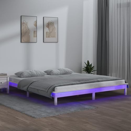 Massivholzbett mit LEDs Weiß 135x190 cm, Massivholz-Bettgestell Bett für Gästezimmer Gästehaus Hotel Schlafzimmer Massivholzbett mit LEDs Weiß 135x190 cm, Massivholz-Bettgestell Bett für Gästezimmer Gästehaus Hotel Schlafzimmer von Gecheer