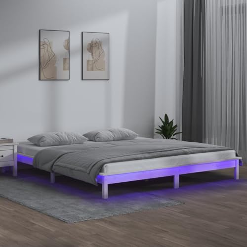 Massivholzbett mit LEDs Weiß 150x200 cm, Massivholz-Bettgestell Bett für Gästezimmer Gästehaus Hotel Schlafzimmer Massivholzbett mit LEDs Weiß 150x200 cm, Massivholz-Bettgestell Bett für Gästezimmer Gästehaus Hotel Schlafzimmer von Gecheer