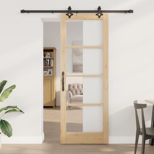 Schiebetür Set mit Zubehör, Innentür mit Glas 78x211x4 cm aus Massivholz Kiefer, Schiebetürsystem Schiebetürbeschlag für Moderne Raumteiler in Wohnzimmer Büro Loft-Wohnungen3332161 von Gecheer