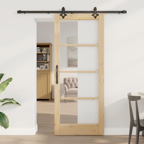 Schiebetür mit Hardware Set, Innentür mit Glas 83x202x4 cm Massivholz Kiefer, Schiebetürsystem Schiebetürbeschlag für Moderne Raumteiler in Wohnzimmer Büro Loft-Wohnungen3332165 von Gecheer