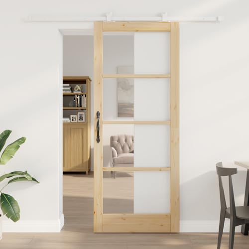 Schiebetür mit Hardware-Set Massivholz & Glas, Schiebetür Komplettset Schiebetürsystem für Wohnzimmer Büro Scheunentür Raumteiler3332089 von Gecheer