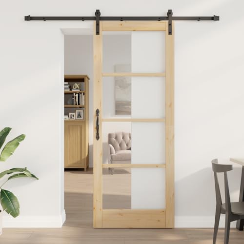 Schiebetür mit Hardware-Set aus Massivholz und Glas, Innentür mit Glas 83x211x4 cm, Schiebetür Komplettset Schiebetürsystem für Wohnzimmer Büro Scheunentür Raumteiler3331859 von Gecheer