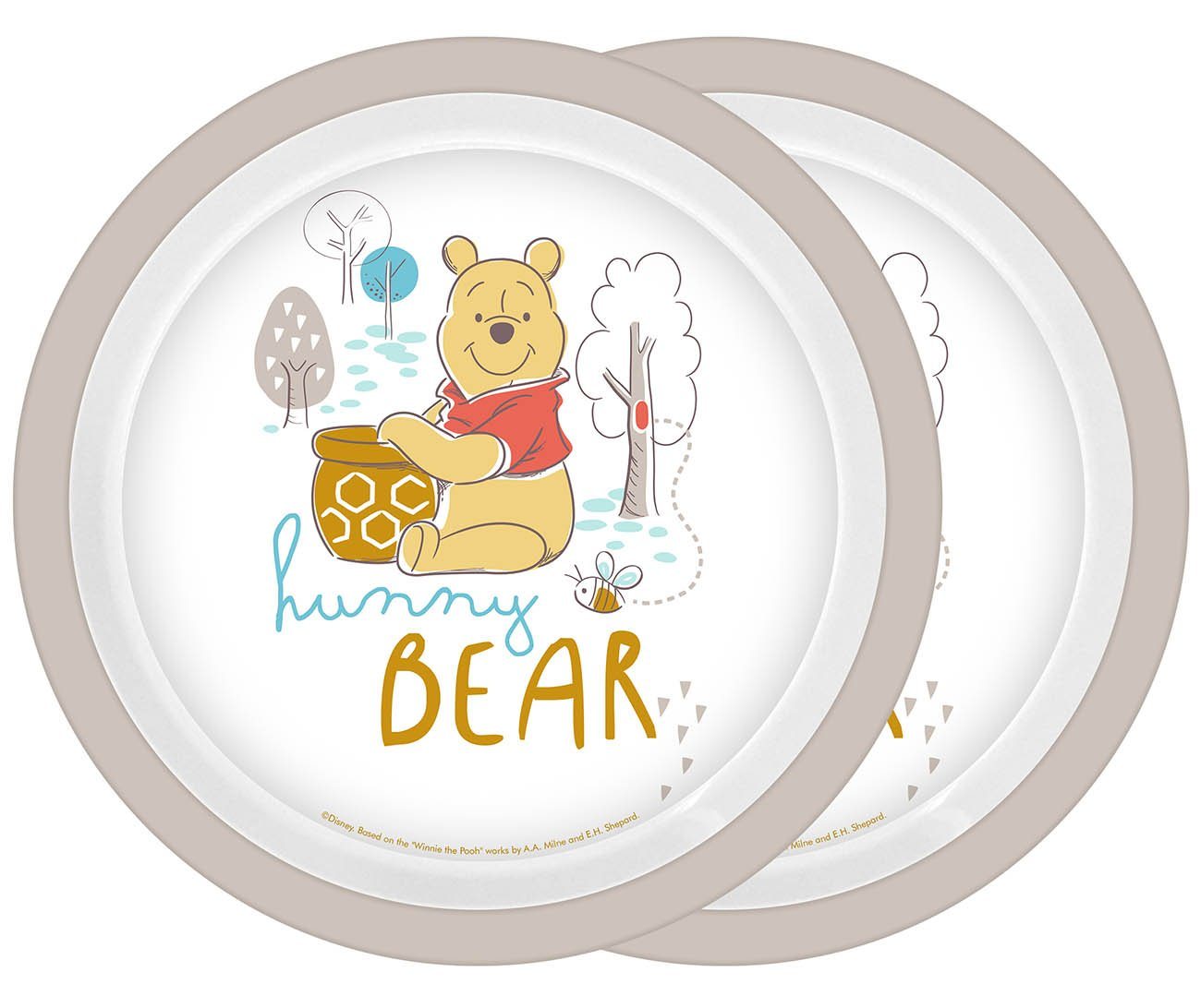 Geda Labels GmbH Frühstücksteller Winnie Pooh hunny Bear 2er Set, Grau, 21,5 cm, spülmaschinengeeignet von Geda Labels GmbH