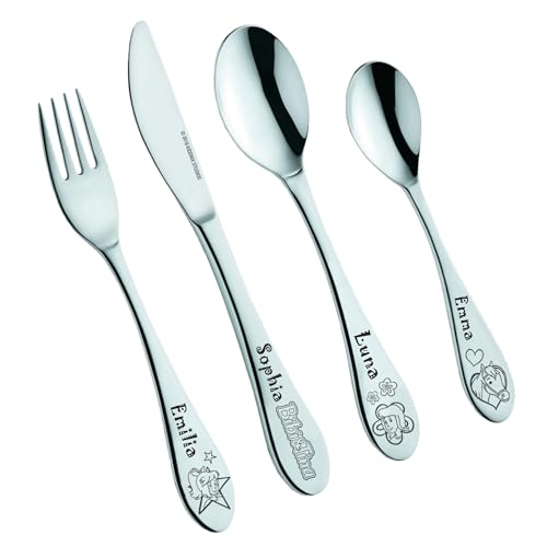 Bibi & Tina Kinderbesteck mit Gravur - Personalisiertes Besteck mit Namen oder Datum - Edelstahl Kinderbesteck Set mit Gravur - Geschenk zur Geburt, Taufe, Geburtstag, Geschenk Junge & Mädchen von Gedalabels