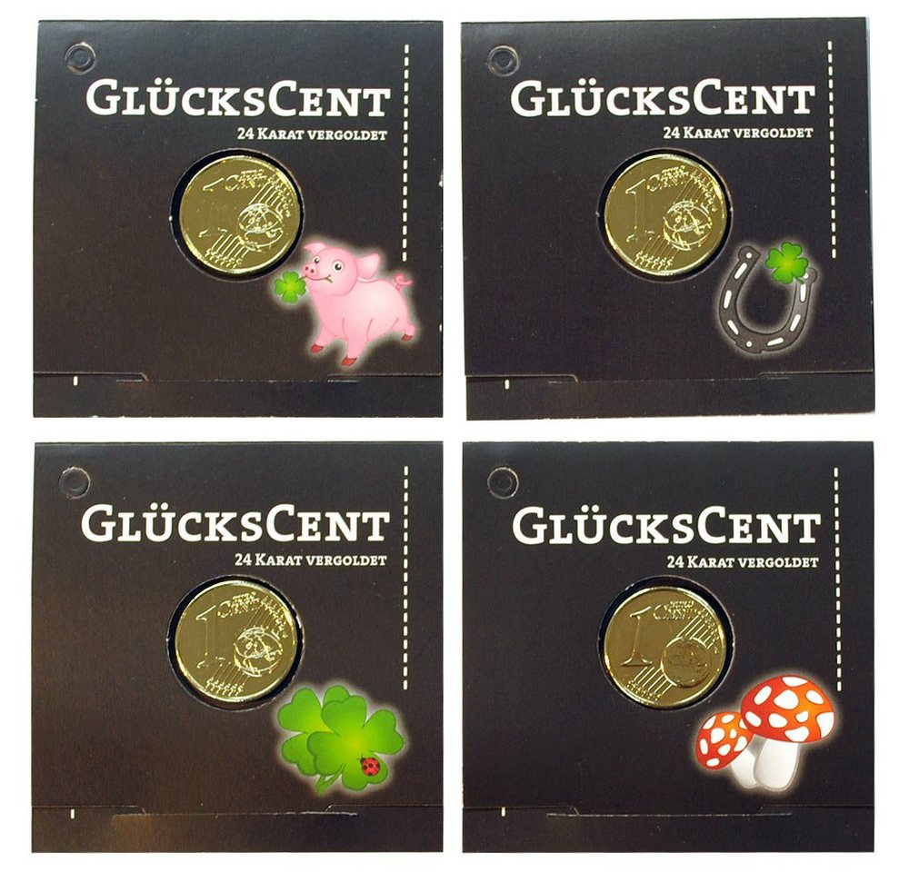 Gedeko Dekohänger Glücksbringer Glückscent vergoldet (4er Set, 1 x Glücksschwein, 1x Hufeisen, 1x Kleeblatt, 1 x Glückspilz), Geschenkanhänger kleines Geschenk für Frau und Mann von Gedeko