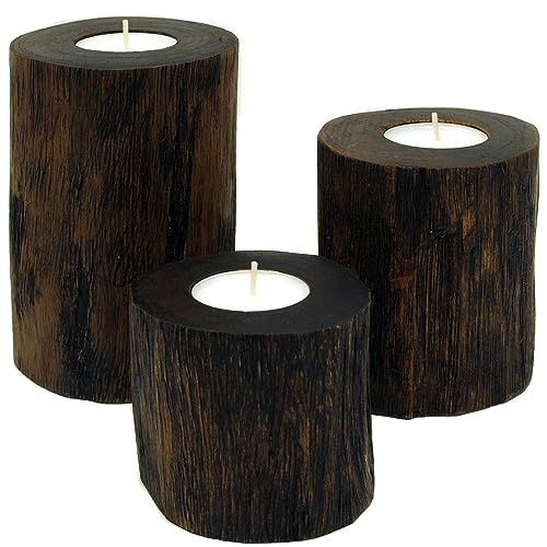 Gedeko Holz Teelichthalter 3er Set Teakholz Rund Oval Braun Dunkel von Gedeko