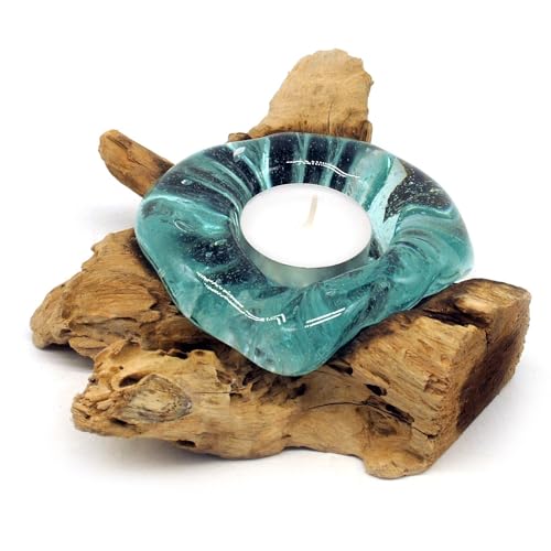 Natur Teelichthalter Glas und Holz, Wurzel mit Glas für EIN Teelicht, Holzwurzel aus Teakholz (Wurzel 12-15 cm) von Gedeko