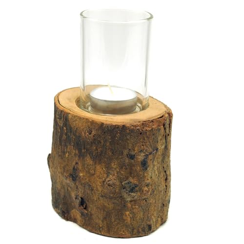 Holz Windlicht Teelichthalter Baumstamm mit Rinde Ø 9-10 cm, Höhe 18 cm Rund Braun Rustikal von Gedeko