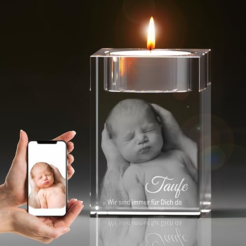 Gedenk Kristall 3D Taufkerze in Glas – Personalisierte Gravur mit Teelicht, Erinnerungsgeschenk zur Taufe, 3D-Foto, emotionales Geschenk, lebenslange Freude von Gedenk Kristall