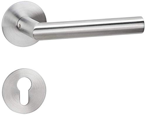 Gedotec Drückergarnitur Edelstahl | 1 Stück Türbeschlag Zimmertür Türgriff auf Flach Rund-Rosette | SAMANTHA 1802 | PZ - Zylinder | Edelstahl matt gebürstet | Design Türgarnitur silber für Innentüren von Gedotec
