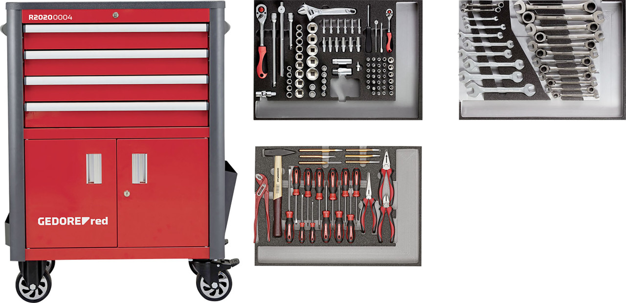 Gedore Werkstattwagen mit Werkzeugsatz Wingman rot 129-teilig mit 4 Schubladen von Gedore